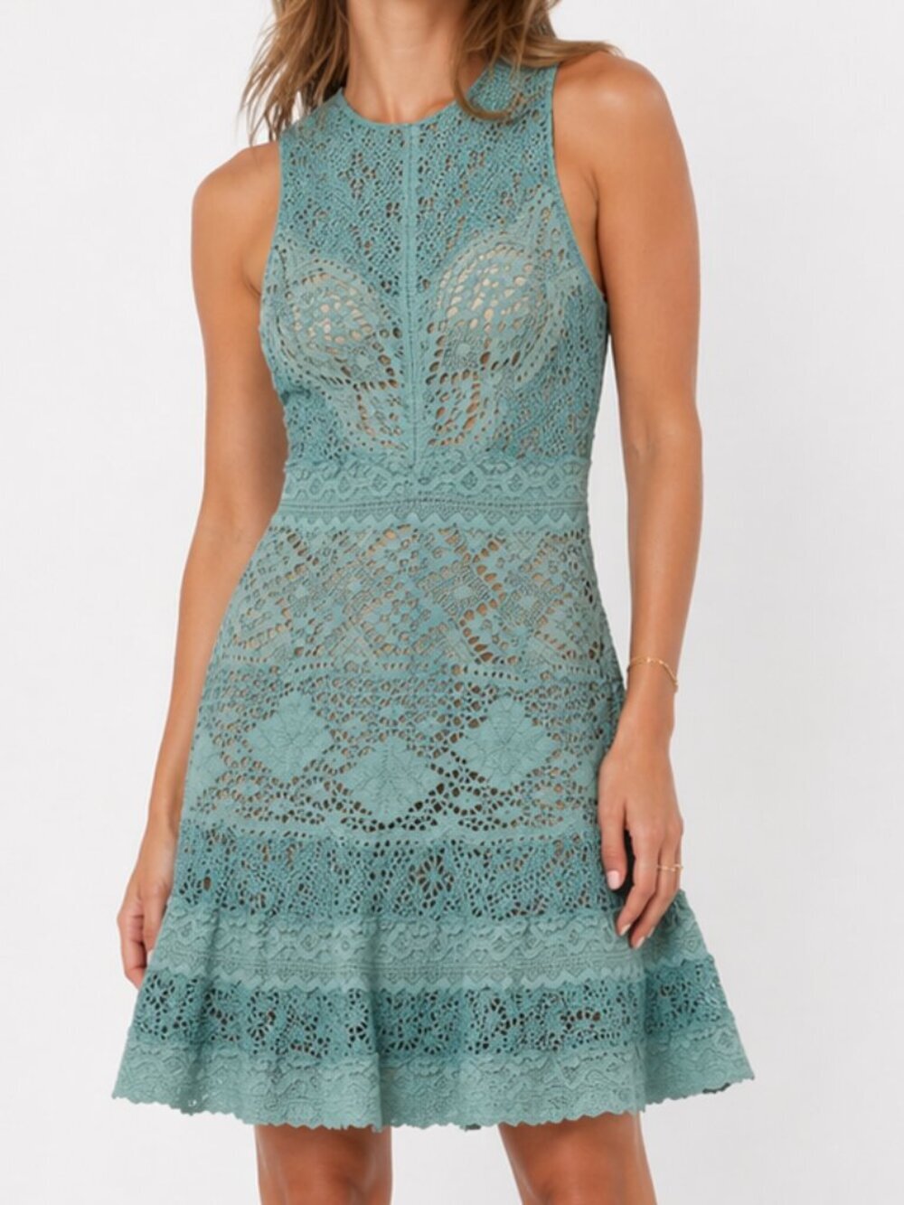 JONATHAN SIMKHAI Charlotte Racerback Teal Lace Mini Dress Sz 0